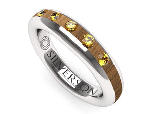 Wood and silver engagement ring with Dim model stones