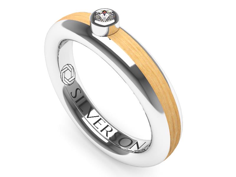 Silver and wood engagement ring with solitaire Domei