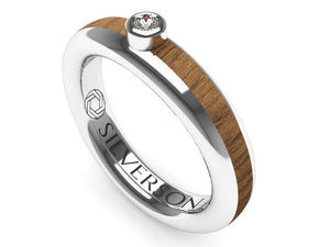 Silver and wood engagement ring with solitaire Domei